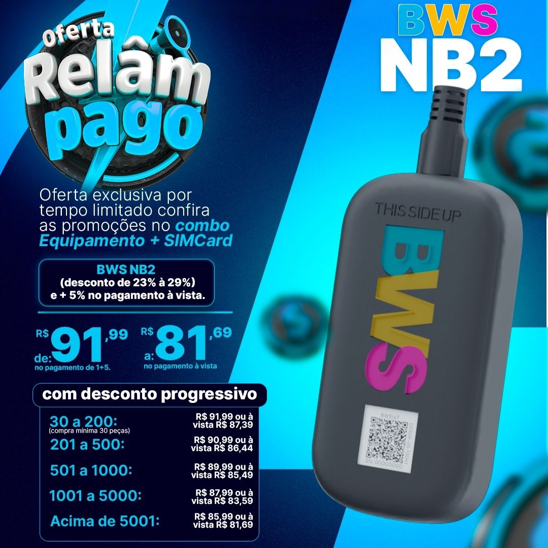 Oferta relâmpago do Rastreador BWS Nb2 com combo Equipamento + SIMCard, descontos de 23% a 29% e +5% no pagamento à vista, preços de R$ 91,99 a R$ 81,69 e tabela de desconto progressivo por quantidade.